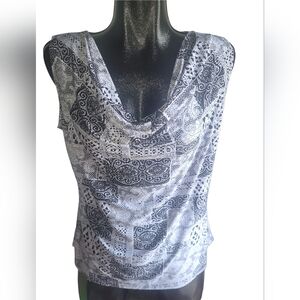 Beechers Brook Black and White Patterned Sleeveless Drape Cowl Neck Top XL